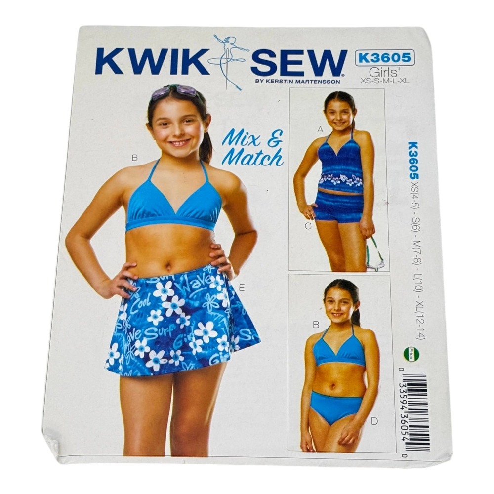 Kwik Sew Sewing Pattern K3605 Girls XS-XL Blue Swimsuit Tankini Bikini‎ Skirt